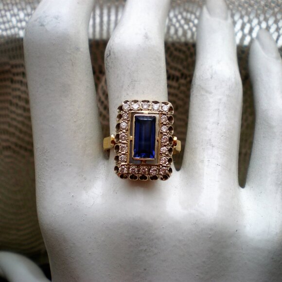 Vintage Russian USSR 18K 750 Yellow White Gold Sapphire Diamond Cluster Ring - Picture 6 of 13